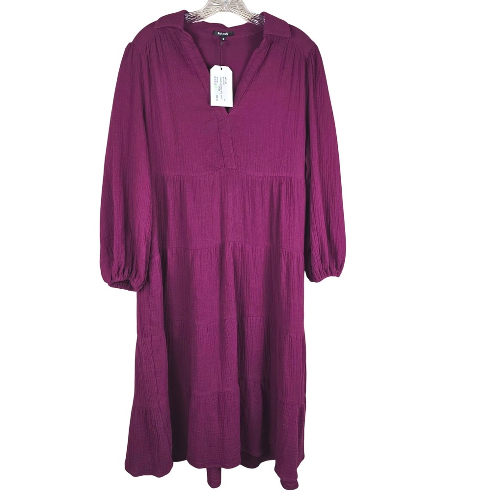 RolyPoly Gauze Layered Mid Shirt Dress Wine Purple 100% Cotton Women's Size S